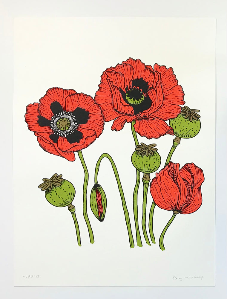 A hand printed fine art screen print of vibrant red poppies and poppy seed pods. Screen printed in Detroit by hand using sustainable and environmentally friendly products by a woman owned small business. Each print is vibrant and rich in color printed on a sturdy cardstock. The print measures 18" x 24" in an easy to frame size.